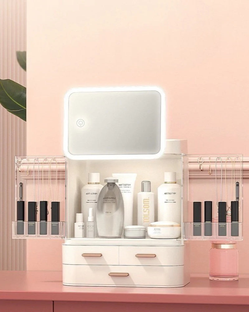 All-in-One Makeup Organizer with LED Mirror – Skincare, Cosmetic & Jewelry Storage Box with Drawers & Adjustable Light