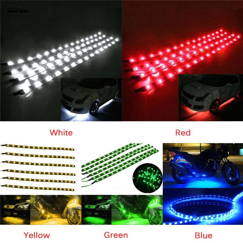 Waterproof 12V LED Strip Lights for Car & Motorcycle – 12"/15" DC Underbody Accent Lighting Kit (Multi-Pack)