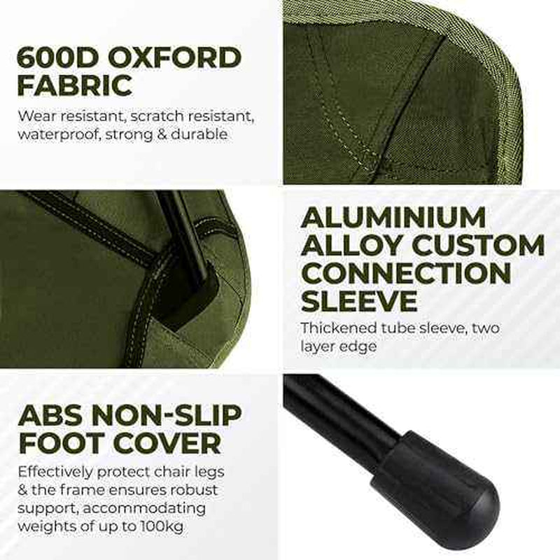 Ultralight Folding Camping Chair – Low Back, Portable Outdoor Chair with Storage Pouch, Army Green