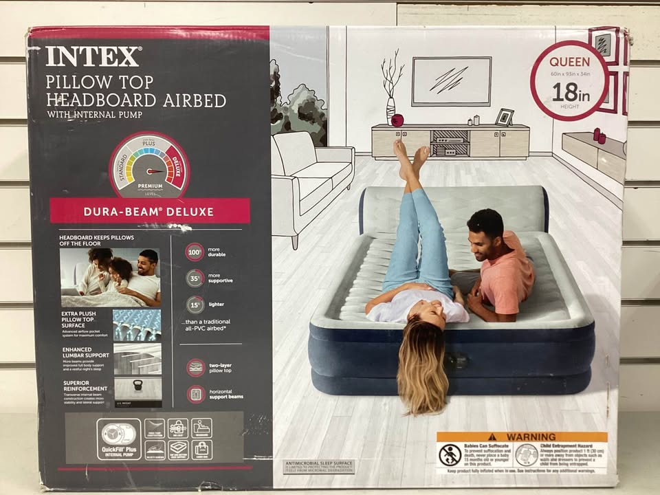 Intex 18" Pillow Top Queen Air Mattress with Electric Pump and Headboard