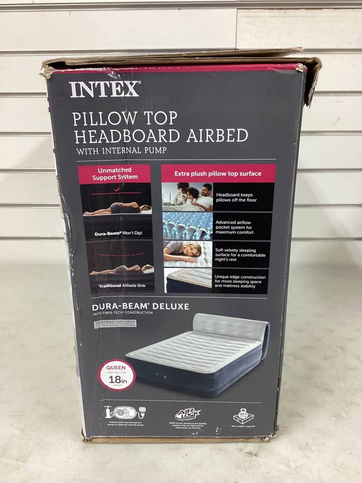 Intex 18" Pillow Top Queen Air Mattress with Electric Pump and Headboard