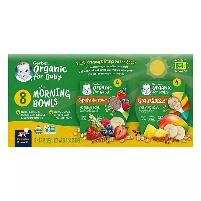 Gerber Organic Grain & Grow Morning Bowls, Variety Pack, 4.5 oz., 8 ct.