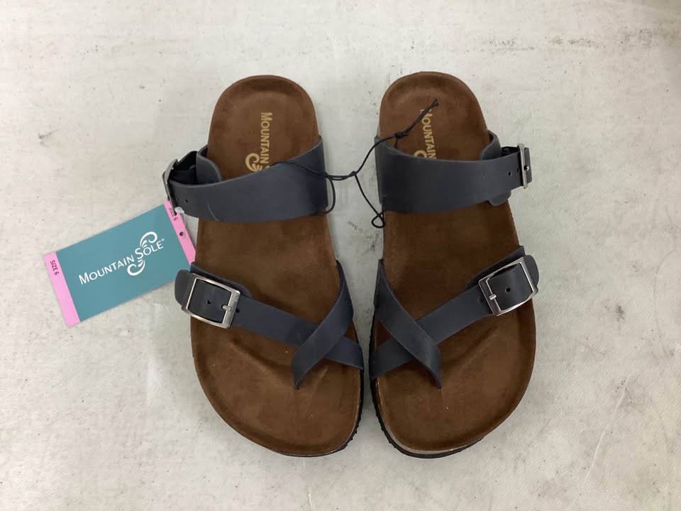 Mountain Sole Easy Slip-On Two Adjustable Buckles Ladies Leather Sandal Size 6 Black