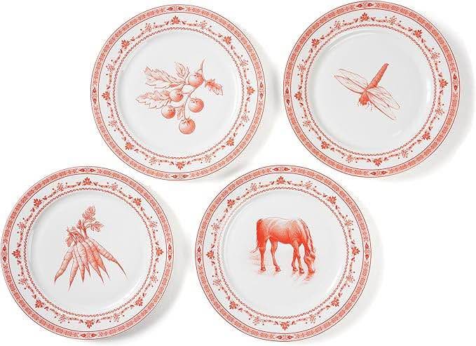 Blue Stallion Red and White Collectible Assorted Farm Animals and Veggies Dinner Plates