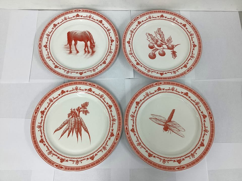Blue Stallion Red and White Collectible Assorted Farm Animals and Veggies Dinner Plates