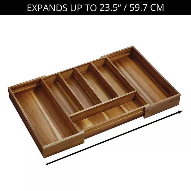 iDesign Expandable Acacia Wood Cutlery Drawer Organizer