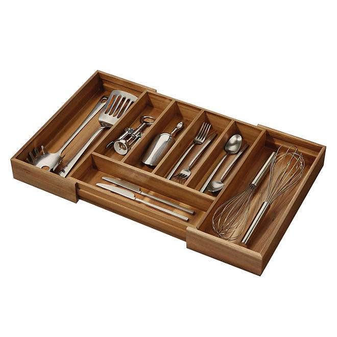 iDesign Expandable Acacia Wood Cutlery Drawer Organizer