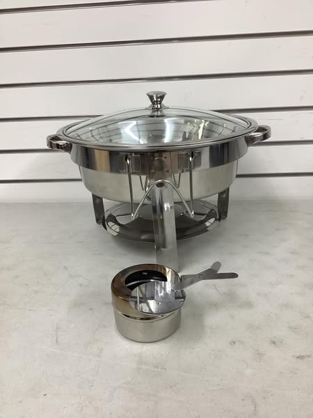 5 qt Stainless Steel Round Chafing Dish Buffet Set for Catering with Glass Lid & Lid Holder - Lightly Used