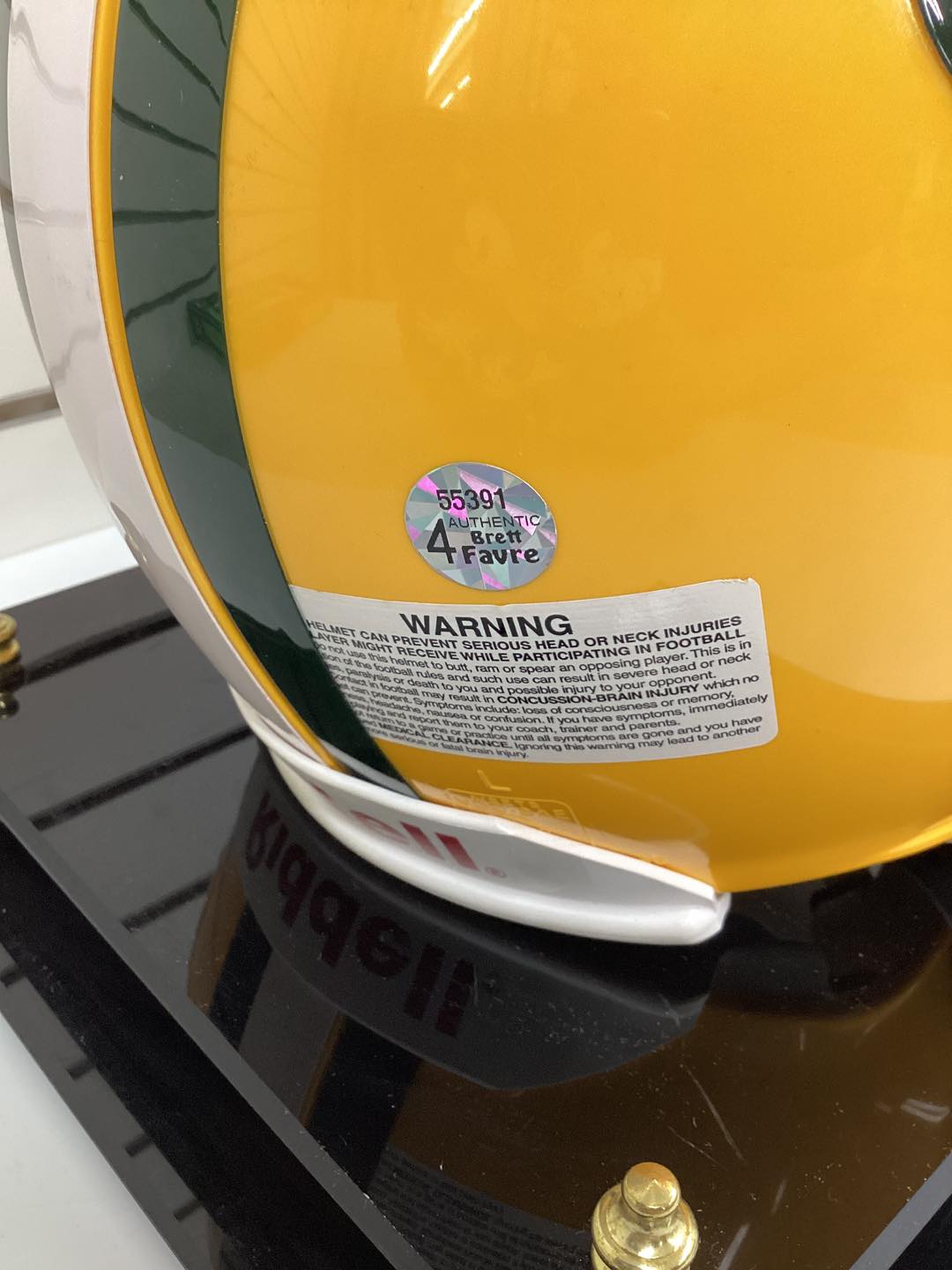 Authentic Favre Autographed Full Size Riddell Green Bay Packers Helmet with COA and Display Case
