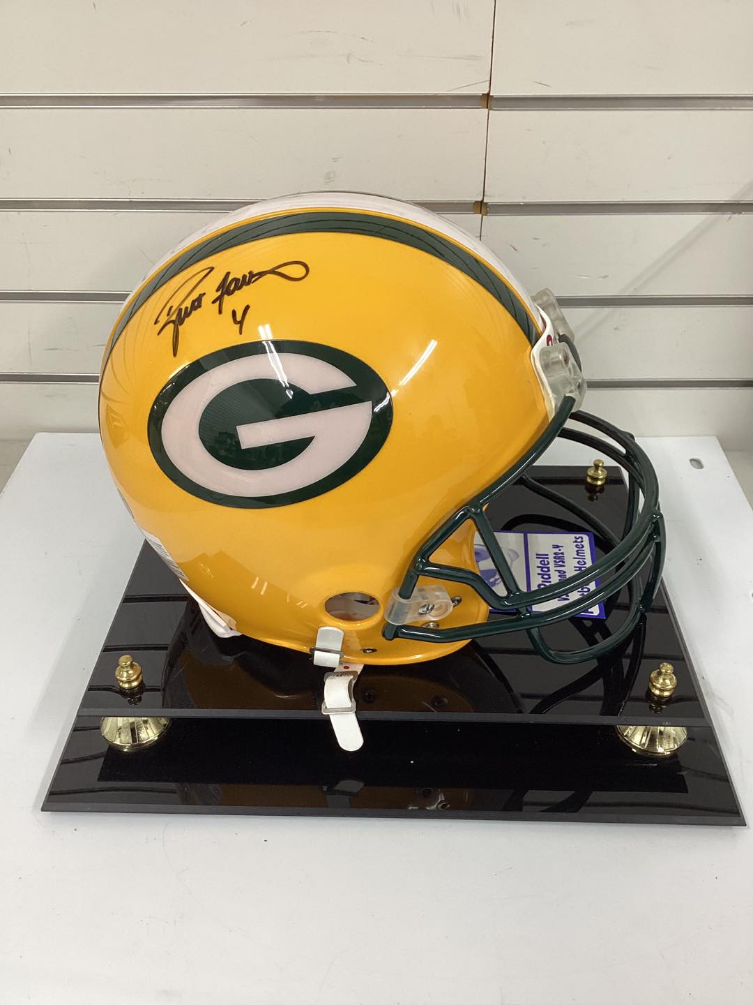 Authentic Favre Autographed Full Size Riddell Green Bay Packers Helmet with COA and Display Case