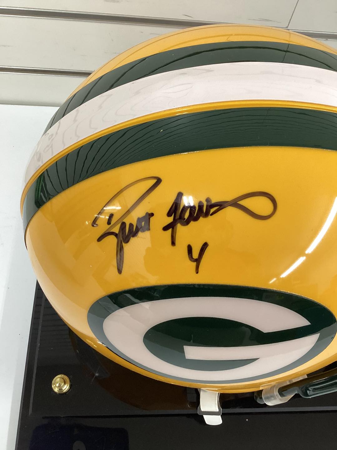 Authentic Favre Autographed Full Size Riddell Green Bay Packers Helmet with COA and Display Case