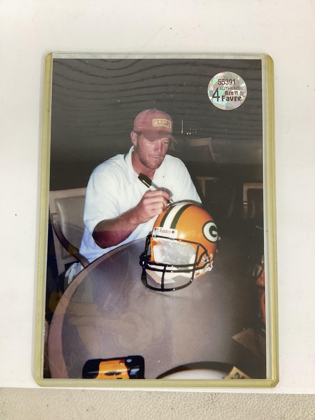 Authentic Favre Autographed Full Size Riddell Green Bay Packers Helmet with COA and Display Case