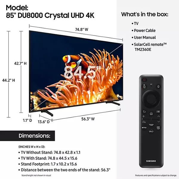 SAMSUNG 85” Class DU8000 Series UHD 4K Smart TV
