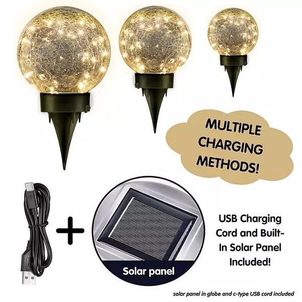 Deck Impressions Multi-Size Solar/USB LED Crackle Glass Globe Lights, 3-Pack