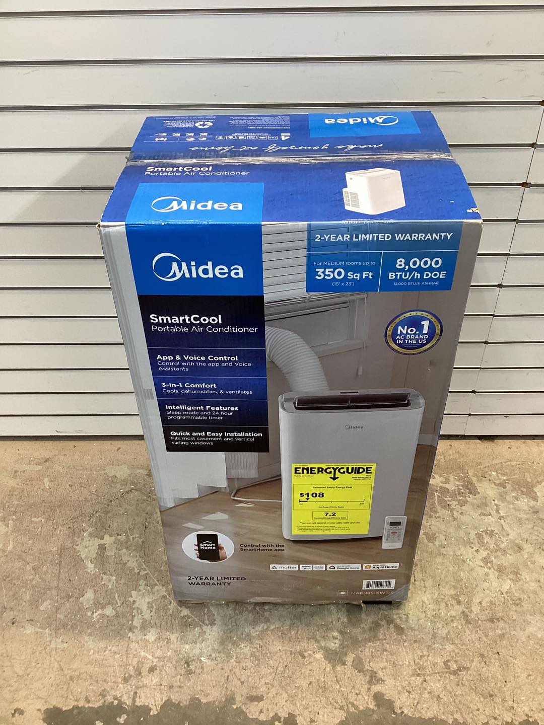 Midea 8,000 DOE, 12, 000 BTU ASHRAE SmartCool Portable Air Conditioner, For spaces up to 350 Sq. Ft