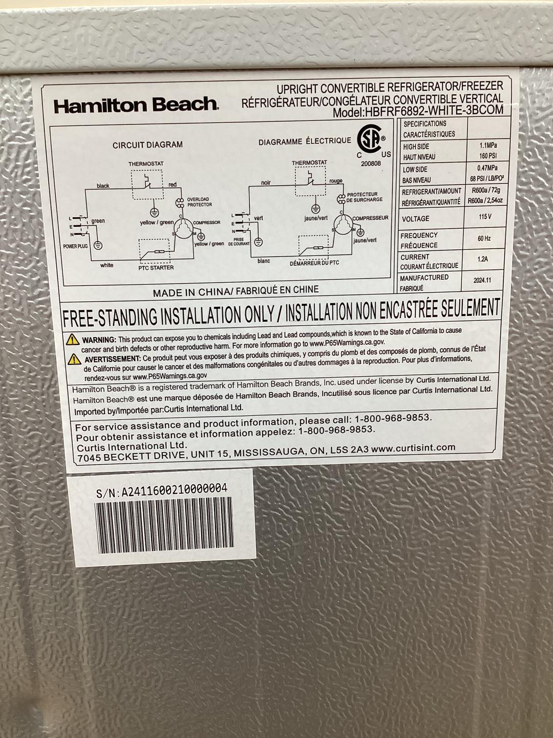 Hamilton Beach 6.8 cu. ft Manual Defrost Upright Convertible Freezer/Refrigerator in White