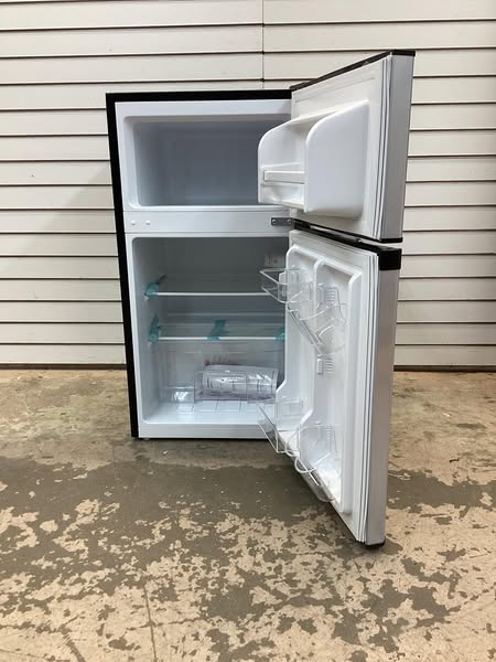 RCA 3.2 Cu. Ft. Two Door Compact Refrigerator with Freezer, Stainless Steel Lightly used