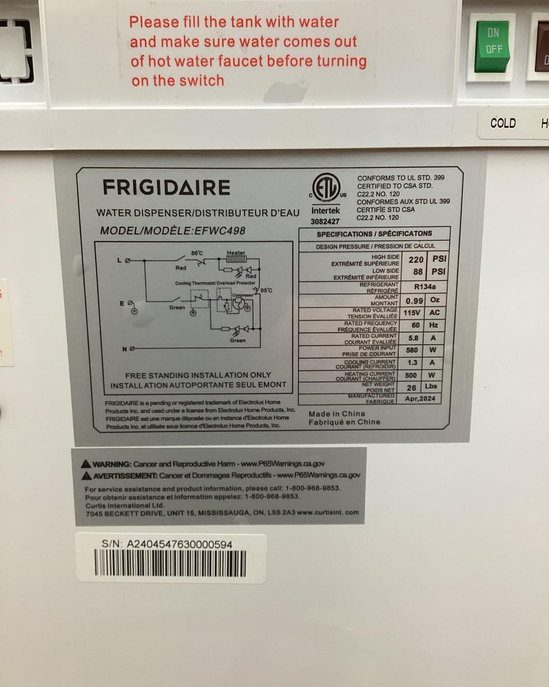 Frigidaire 3 Gal. or 5 Gal. Hot and Cold Water Dispenser in White