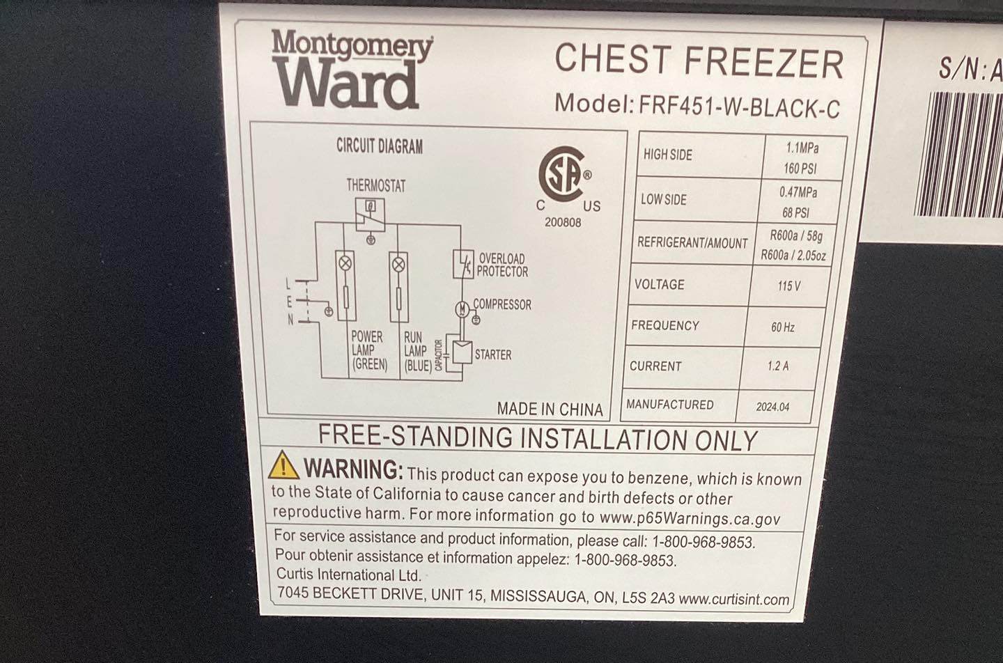 Montgomery Ward 5.0 Cu. Ft. Chest Freezer