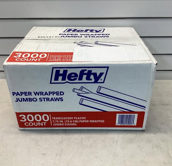 Hefty Jumbo Translucent Wrapped Plastic Straws, 7.75", 3, 000 ct.