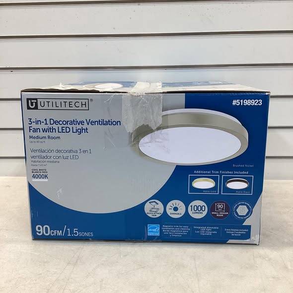 Utilitech Magnetic LED Fan 1.5-Sone 90-CFM Nickel, black, and gold Decorative Lighted Bathroom Ventilator Fan