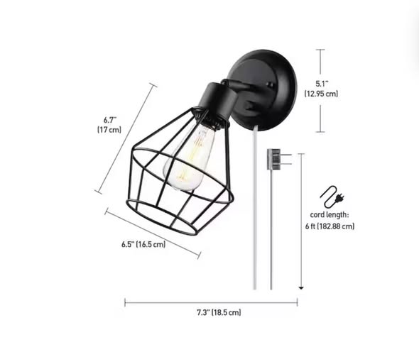 Globe Electric Verdun 6.89 in. 1-Light Matte Black Wall Sconce Light with Industrial Cage and Plug-In or Hardwire Option for Kitchen