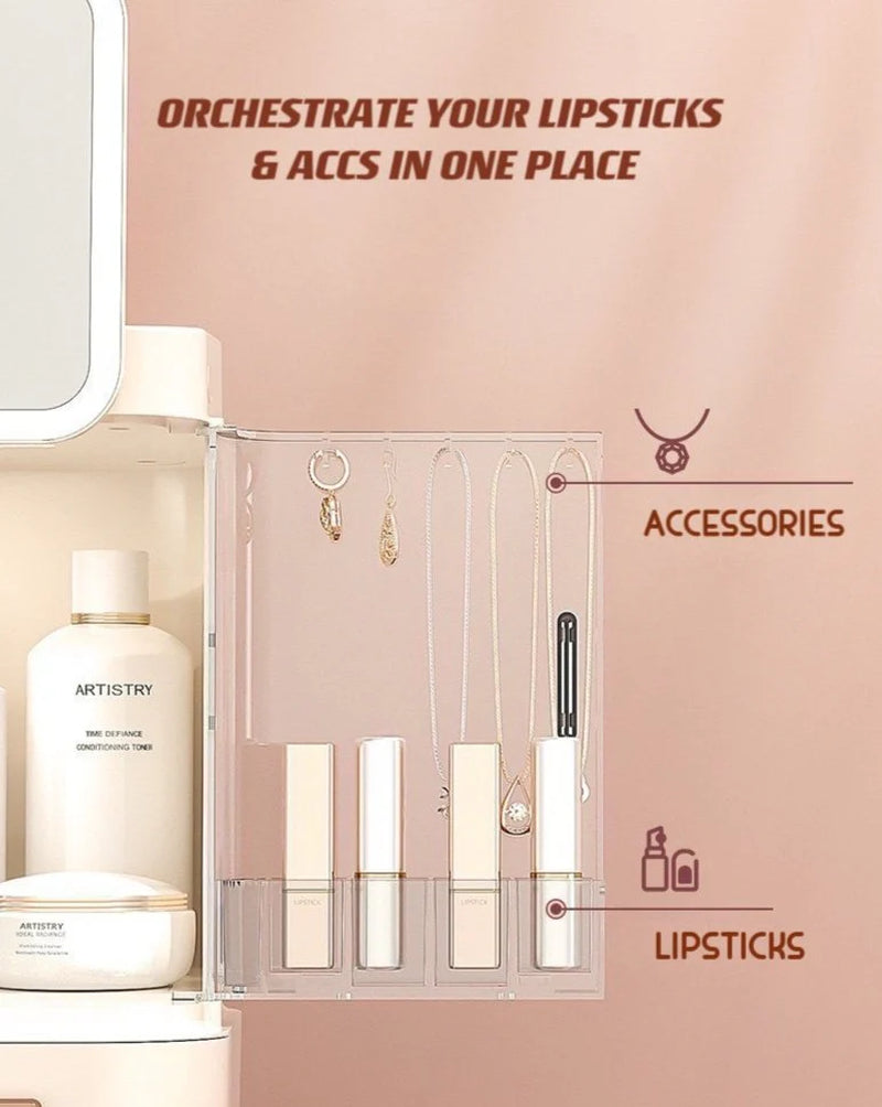 All-in-One Makeup Organizer with LED Mirror – Skincare, Cosmetic & Jewelry Storage Box with Drawers & Adjustable Light