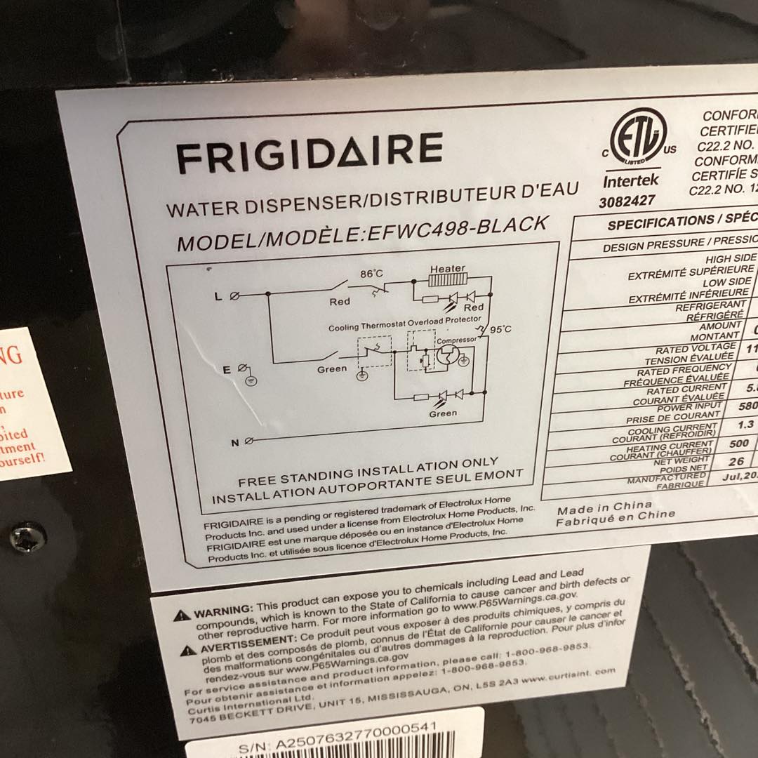 Frigidaire 3 Gal. or 5 Gal. Hot and Cold Water Dispenser in Black