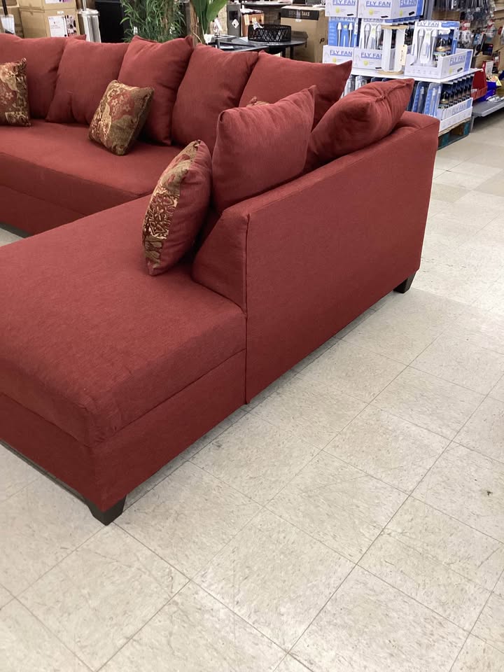 Red Fabric L-Shaped Sectional with Accent Pillows