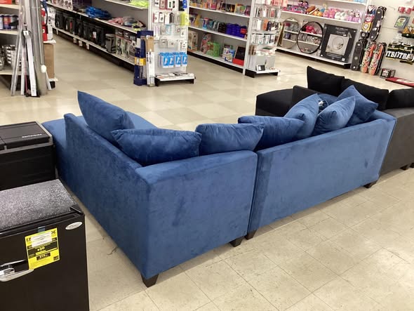Blue Fabric L-shaped Sectional with Pillows