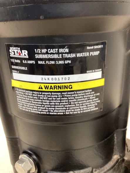 NorthStar Cast Iron Submersible Trash Water Pump, 3965 GPH Max. Flow, 2in. Port - Lightly Used