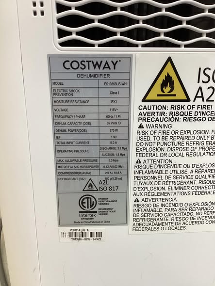 Costway 35 pt. Dehumidifier in. White with Water Tank