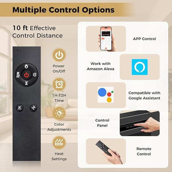 36 in. WiFi Electric Fireplace Insert Heater Wall-Mount or Recessed 5100 BTU Smart Control