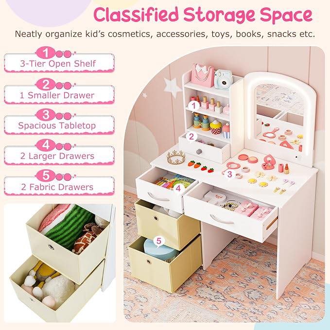 Costway Kids Vanity with Lights, Princess Makeup Dressing Desk with Mirror and Stool