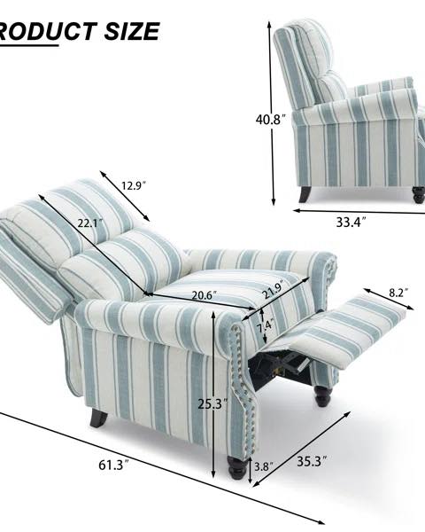 Ameiah Upholstered Farmhouse Blue Stripped Manual Push Back Recliner with Solid Wood Legs