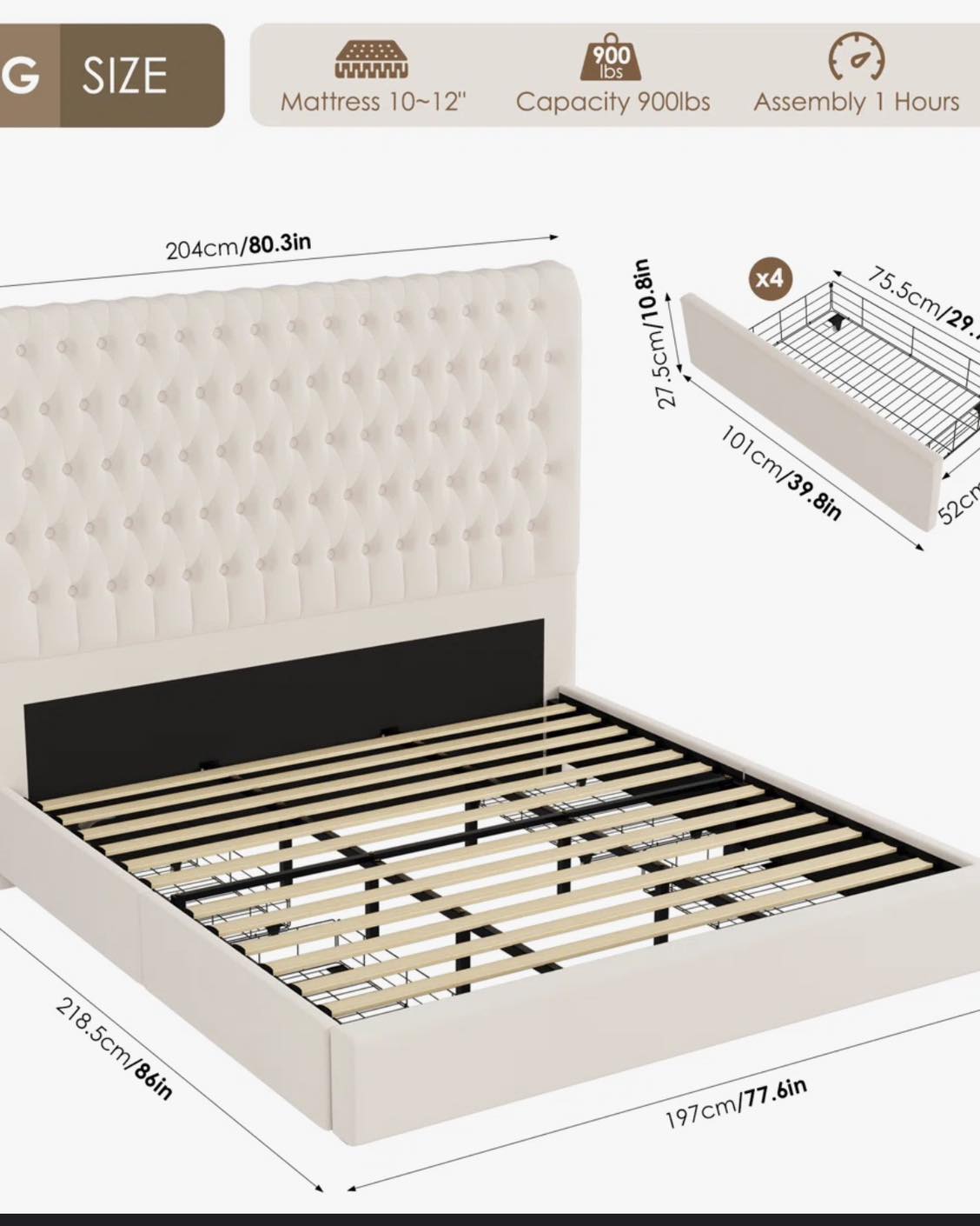Kanisha Upholstered King Size Storage Bed with Button Tufted Velvet Headboard, 4 Drawers