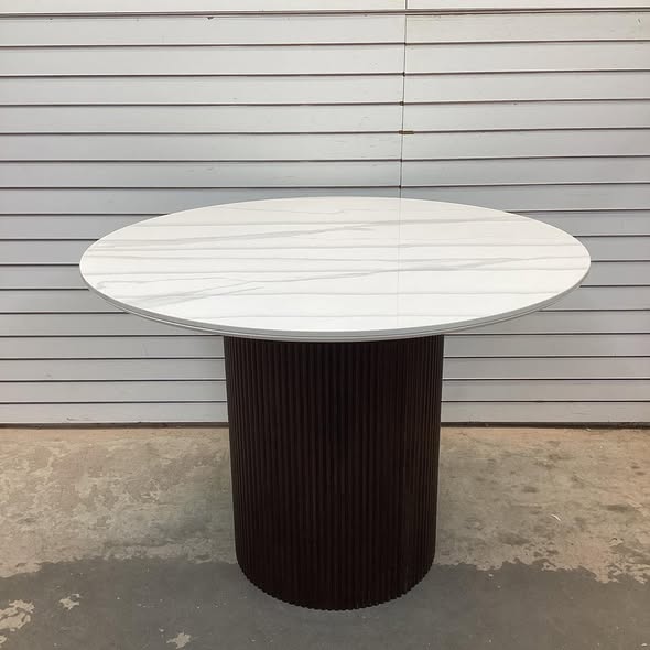 Round Faux Marble Dining Table With Wood Fluted Base