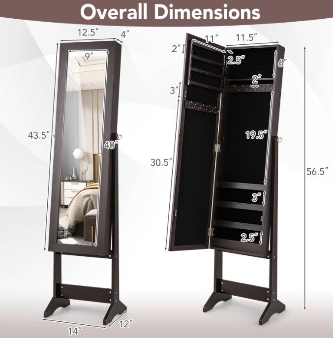 Costway Mirrored Standing Jewelry Cabinet Storage Box