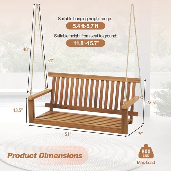 PatioJoy 2-Seat Acacia Wood Porch Swing Bench with 2 Hanging Hemp Ropes