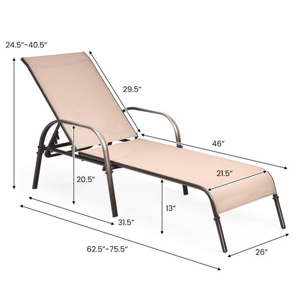 Costway Outdoor Patio Lounge Chairs Chaise Fabric with Adjustable Reclining Armrest - Set of 2
