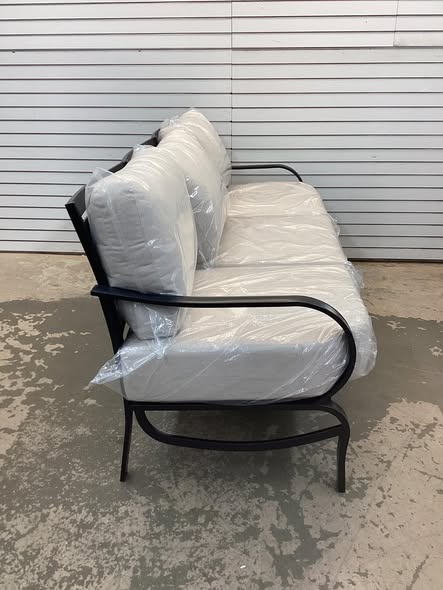 Black Metal Slatted Frame Outdoor Patio 3 Seat Sofa Couch with Beige Cushions