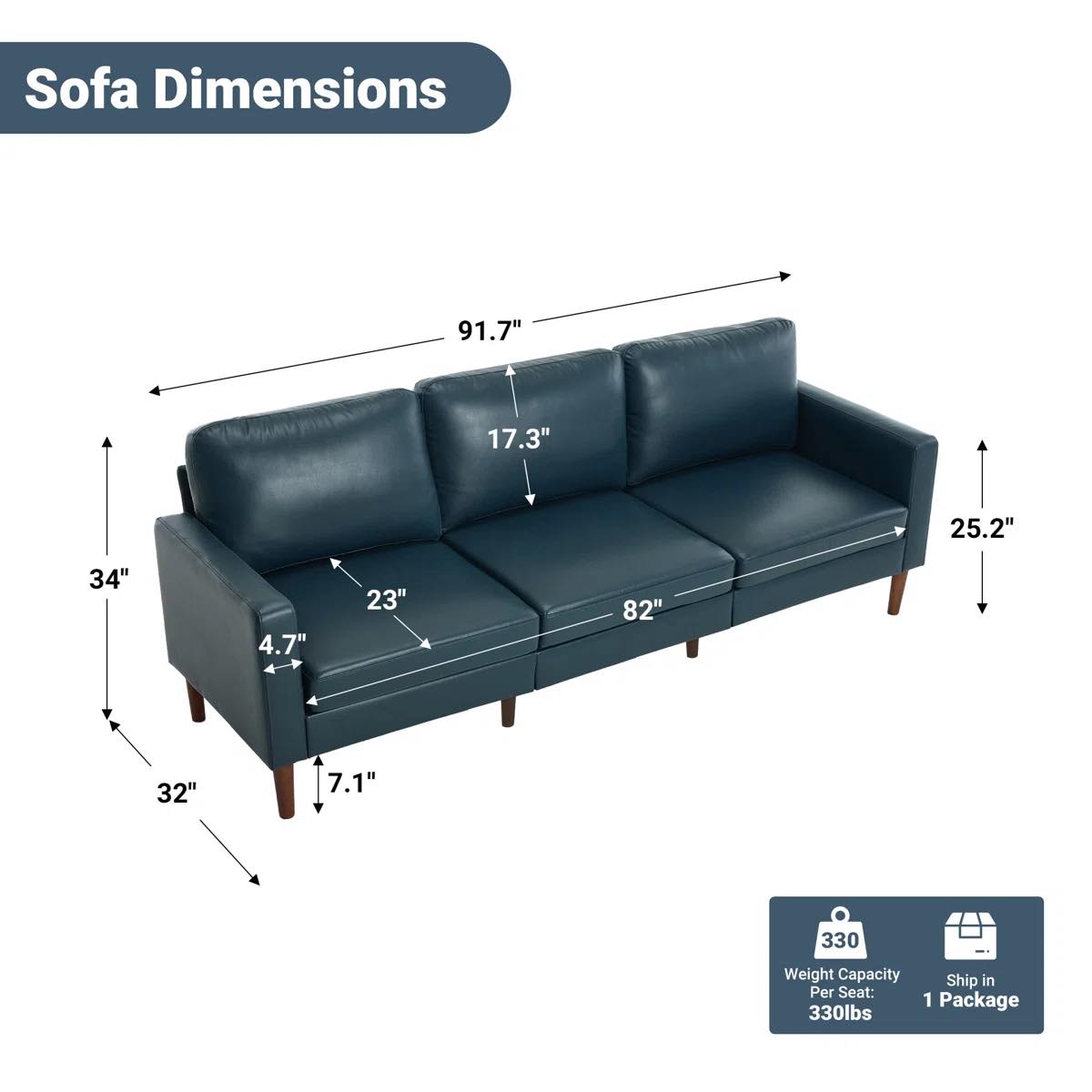 91.73'' Faux Leather Square Arm Sofa Blue