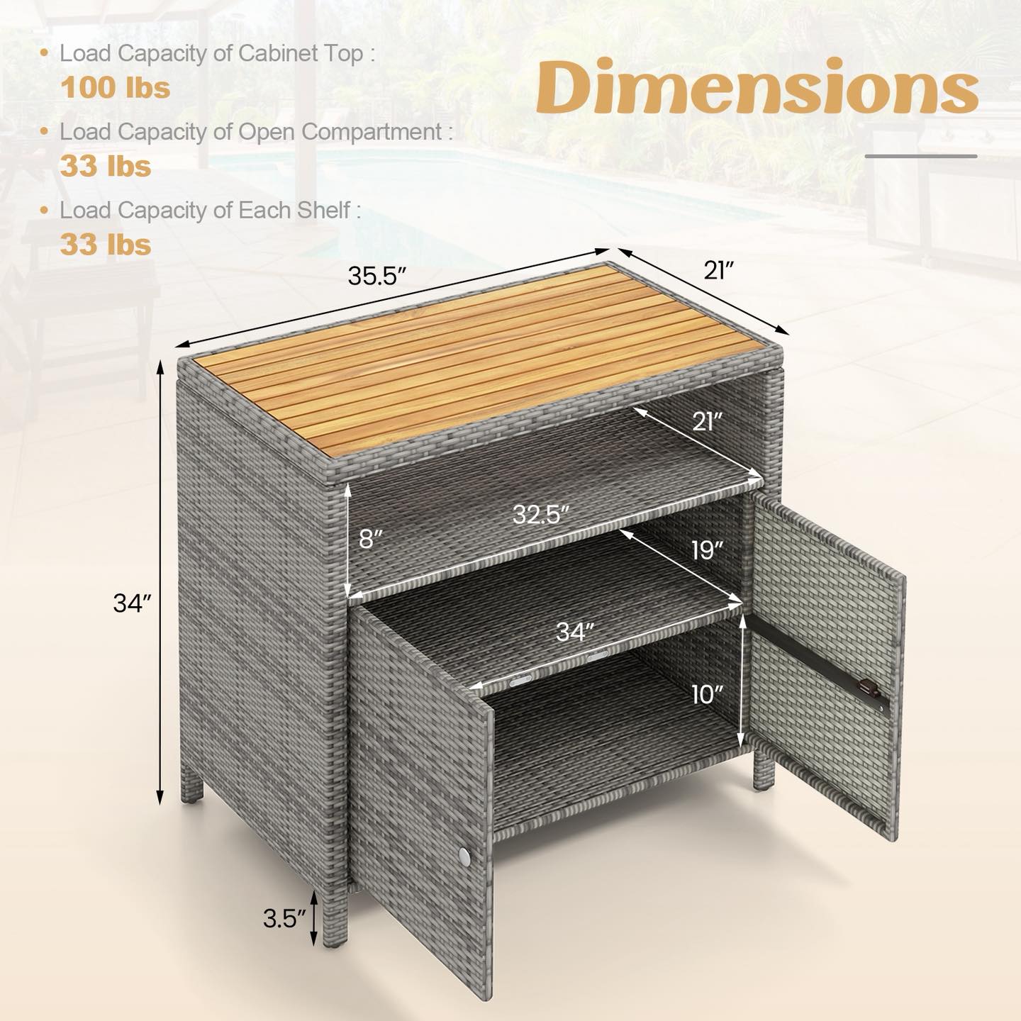 Rattan Storage Cabinet with Acacia Wood Countertop for Poolside Deck and Patio