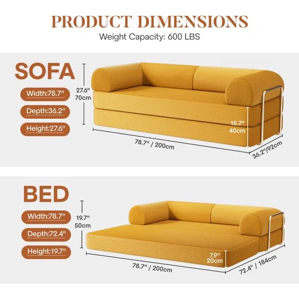Adonia Foldable Three Person Corduroy Fabric Sofa Bed with High-Rebound Density Sponge