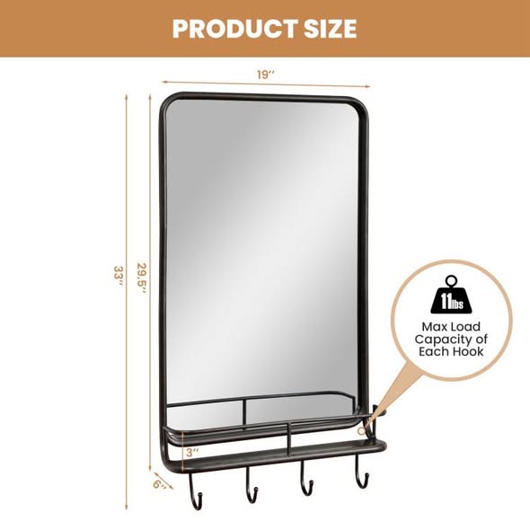 Wall Mirror with Shelf Hooks Sturdy Metal Frame