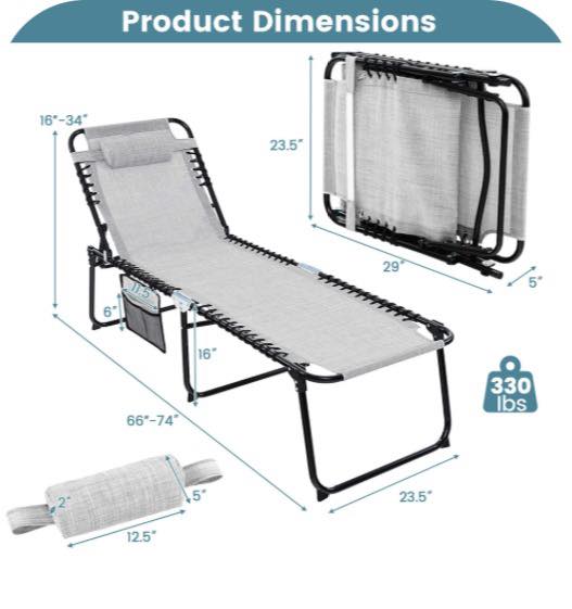 Costway Patio Folding Chaise Lounge Chair Portable Sun Lounger with Adjustable Backrest Gray