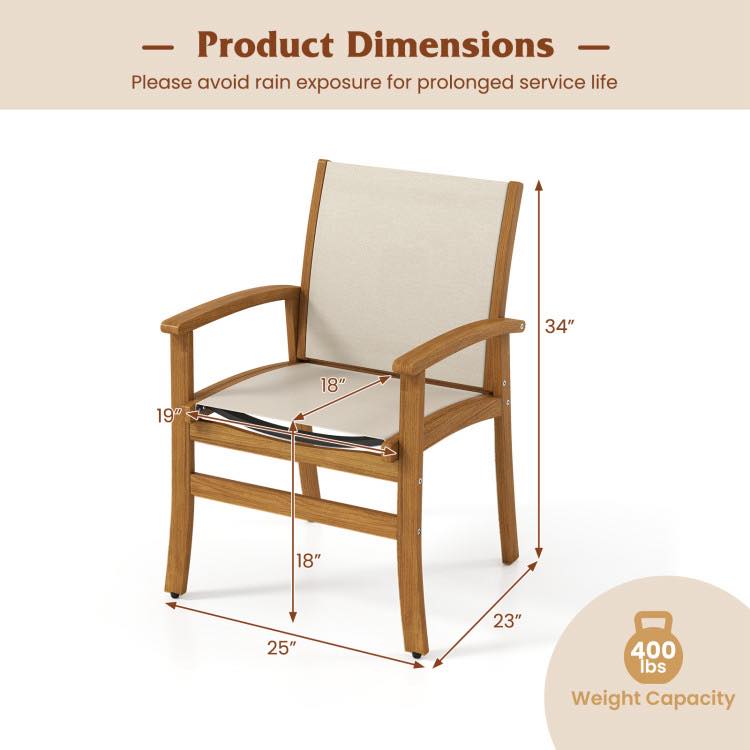 Patio Chairs Set of 2 Acacia Wood Armchairs with Breathable Fabric Back and Seat