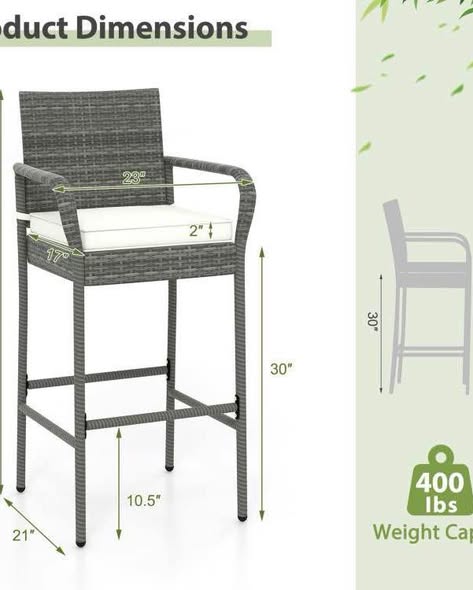Costway Patio Wicker Barstools with Armrests and Soft Cushions for Porch Backyard Set of 2