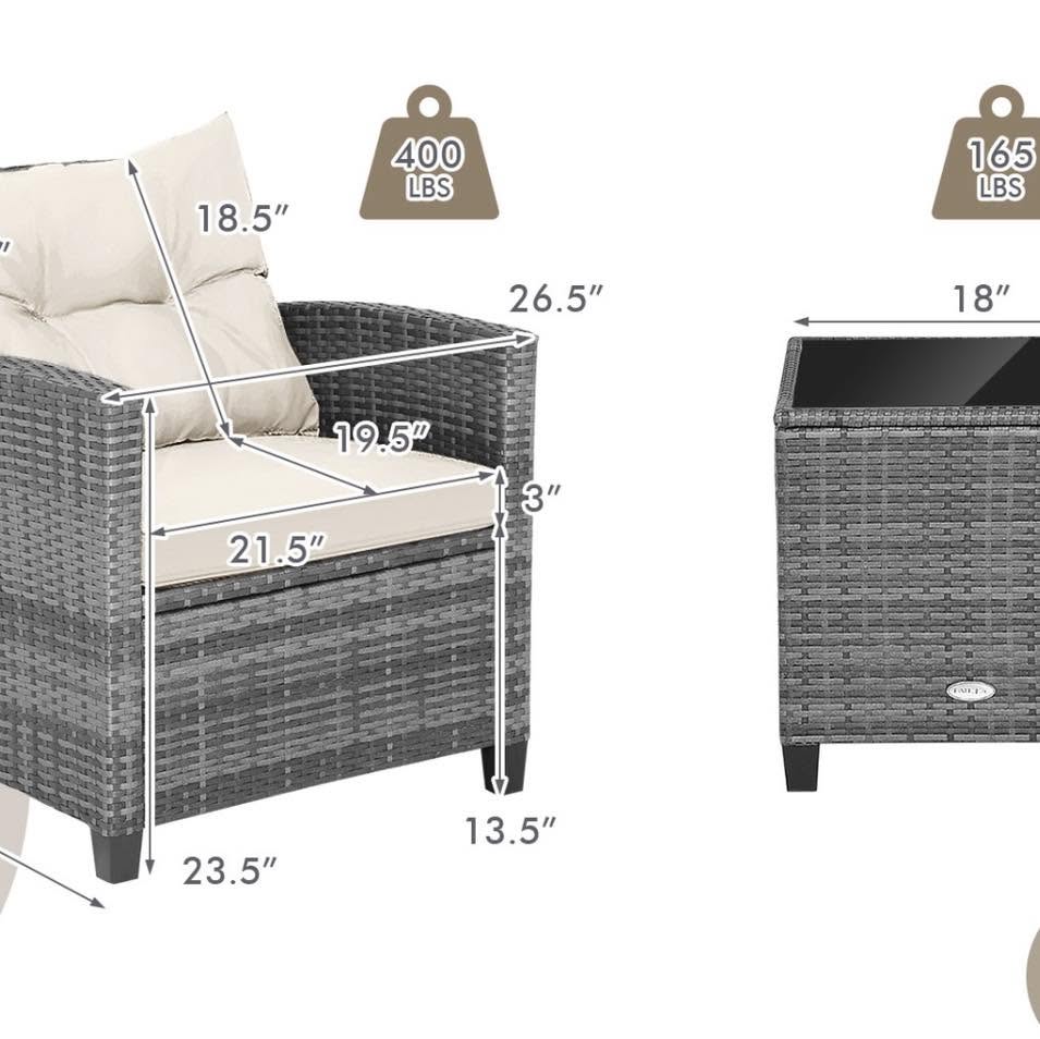 Costway 3 Pieces Outdoor Wicker Conversation Set with Tempered Glass Tabletop