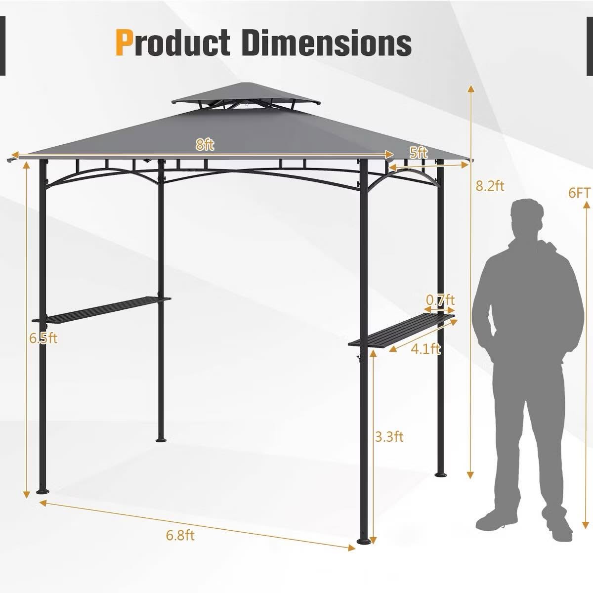 Costway 8' x 5' Grill Gazebo Outdoor Double-Tiered Grill Canopy w/ 2 Shelves & 6 Hooks
